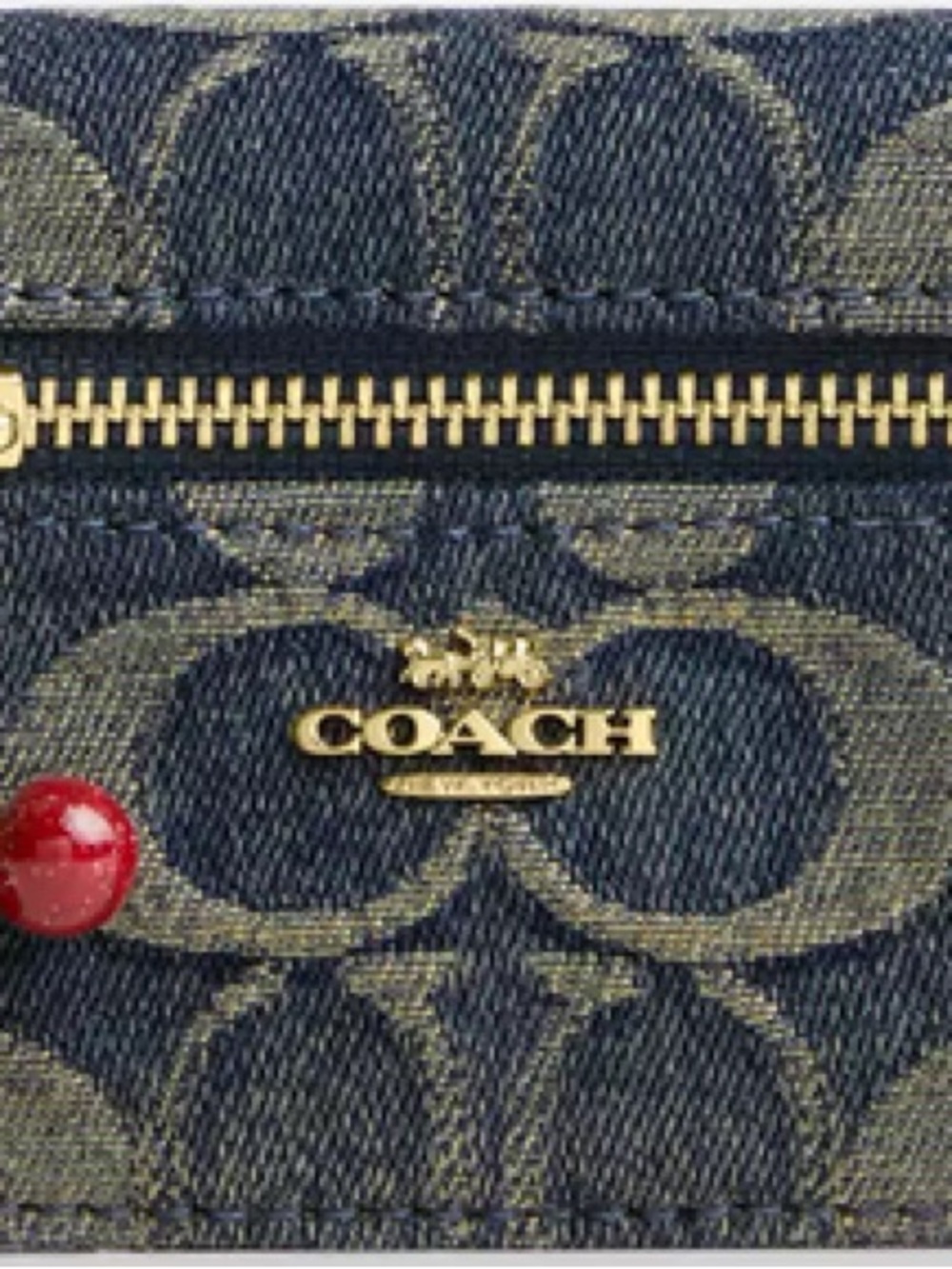 COACH Blue Denim Card Case with Red Accent and Gold Hardware. NWT
